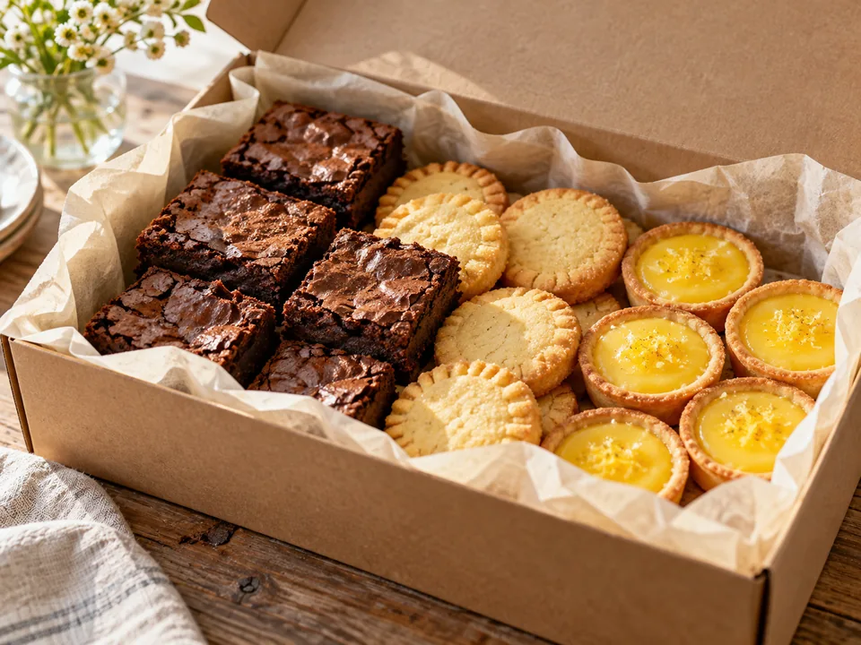 Fotografía ilustrativa de un combo de pastelería en caja