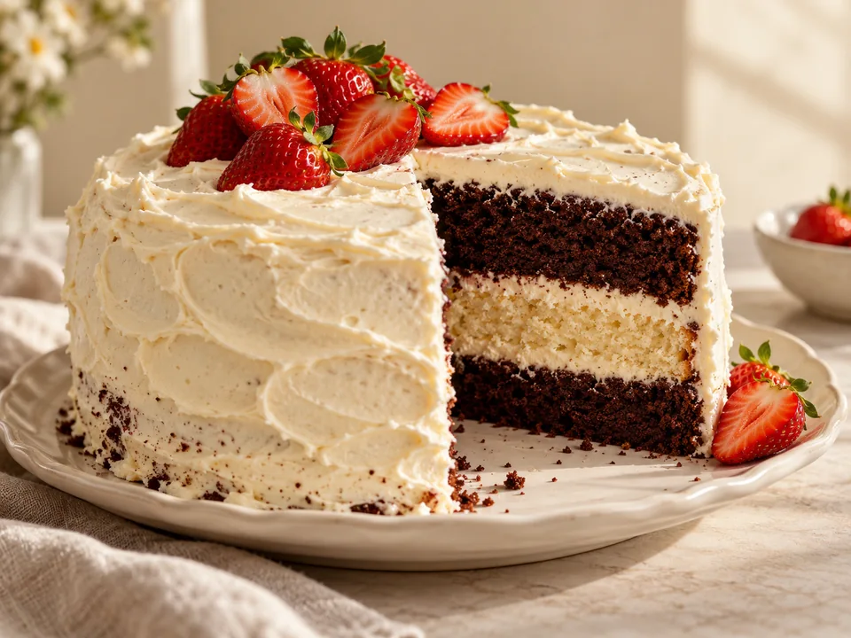 Fotografía ilustrativa de una torta clásica con crema y frutillas